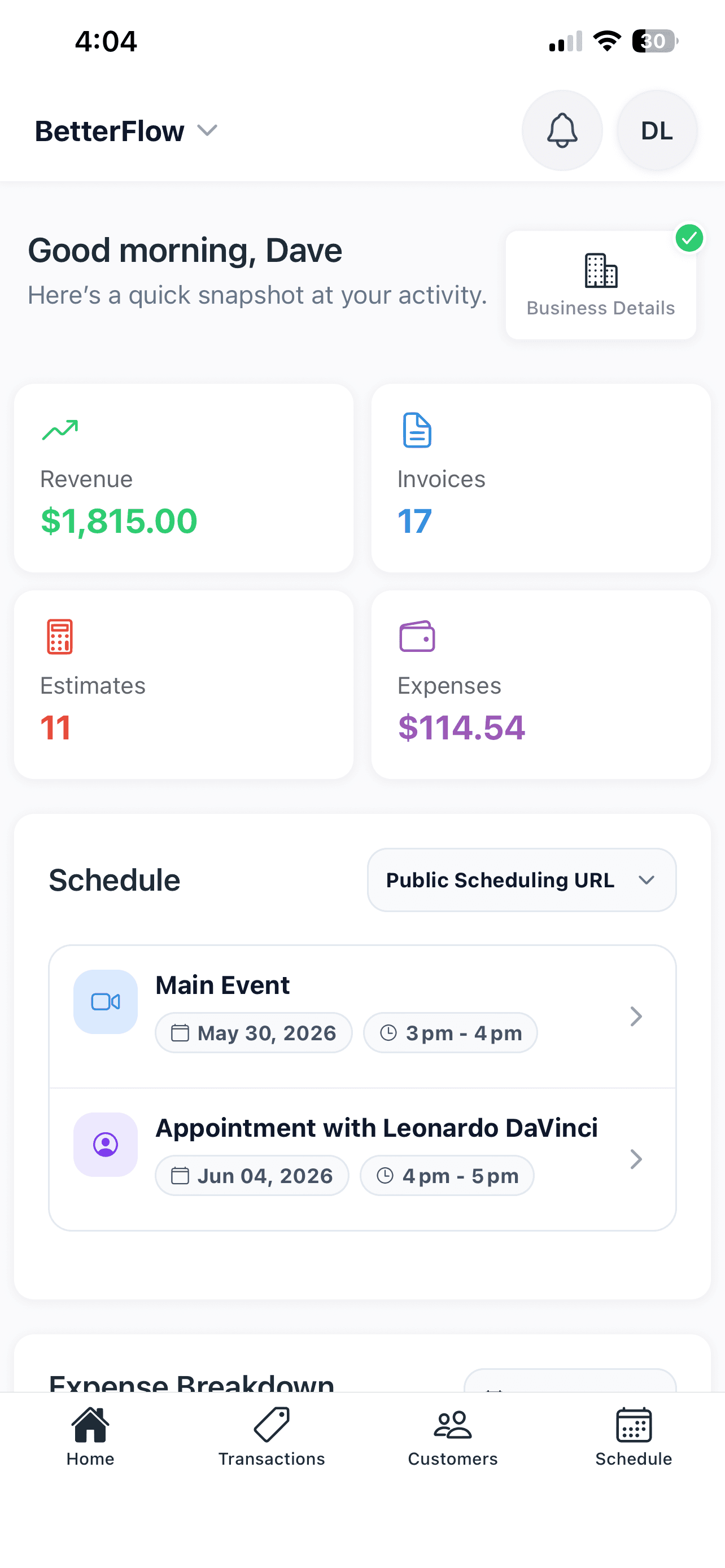 BetterFlow mobile screen showing the business dashboard