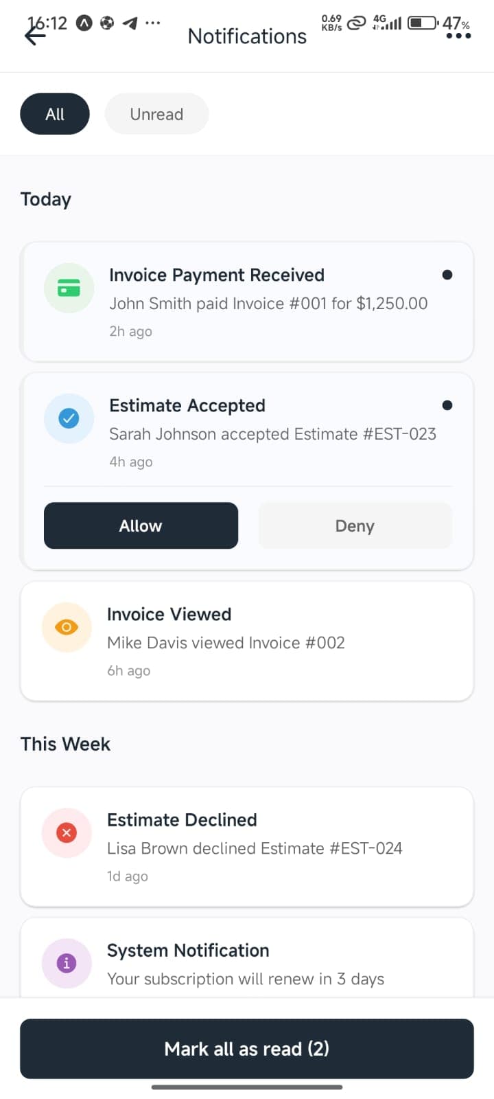BetterFlow mobile notifications screen showing invoice payments and estimate updates