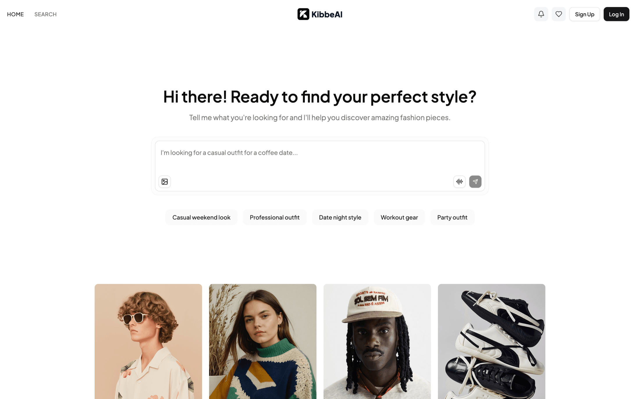 KibbeAI fashion discovery screen with an AI style prompt and suggested clothing